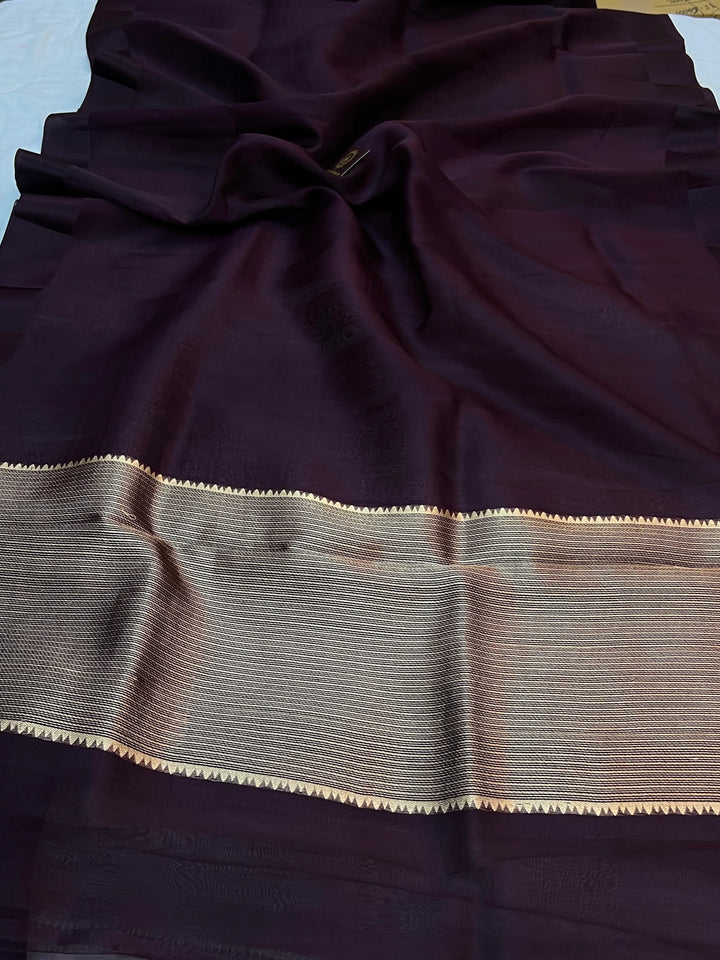 Brown Pure Kora Silk Banarasi Saree with Zari Pallu - Aura Benaras