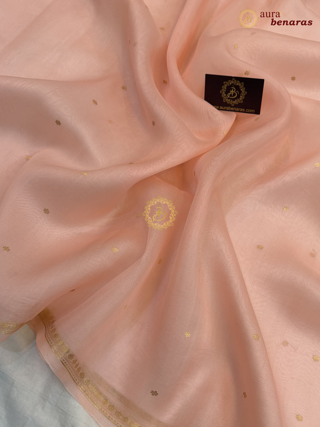 Pale Peach Kora Silk Banarasi Saree with Zari Butis 