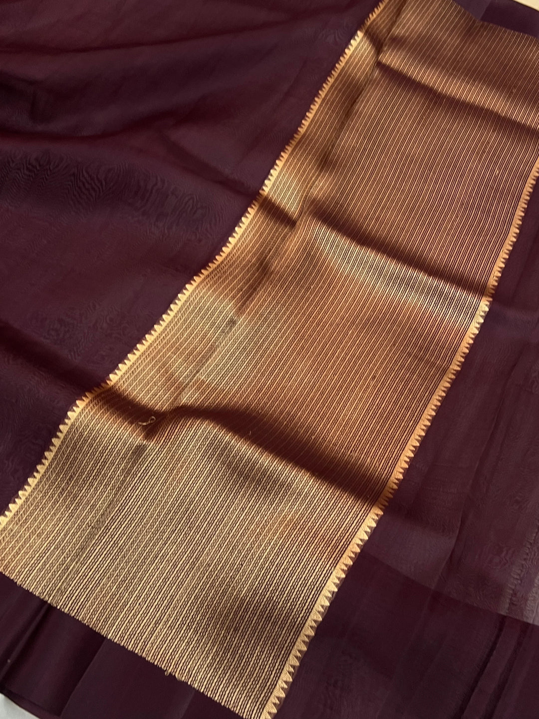 Brown Pure Kora Silk Banarasi Saree with Zari Pallu - Aura Benaras