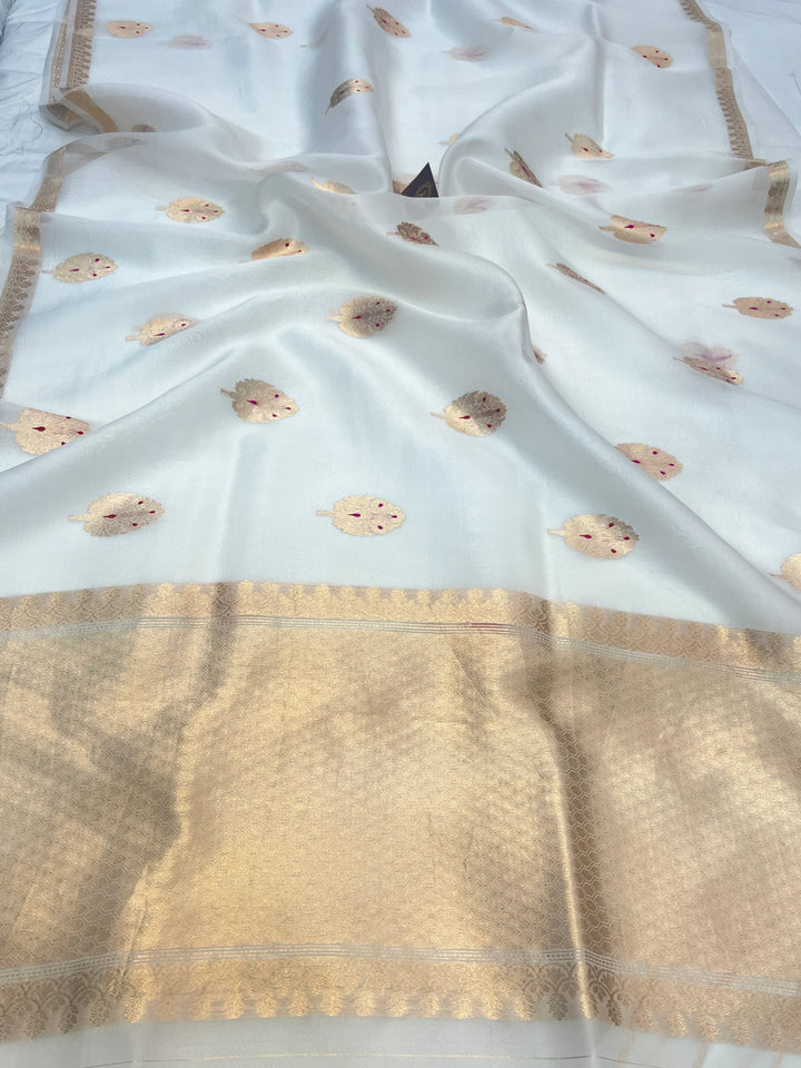 White Pure Kora Silk Handloom Banarasi Saree