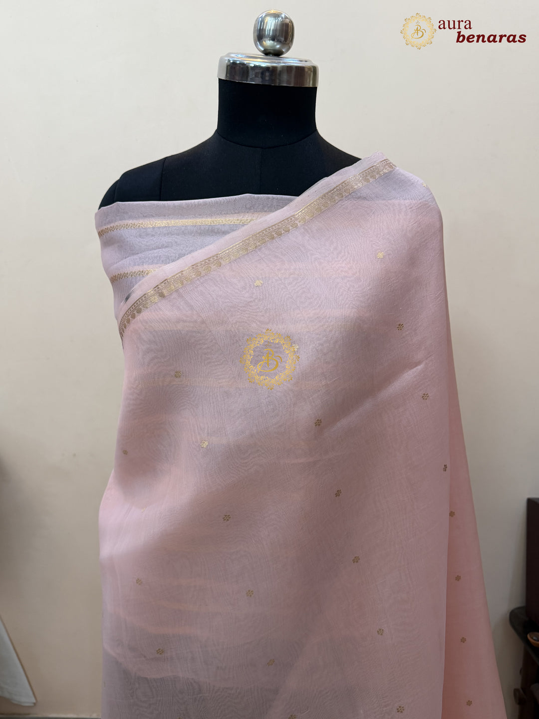 Pale Peach Kora Silk Banarasi Saree with Zari Butis 