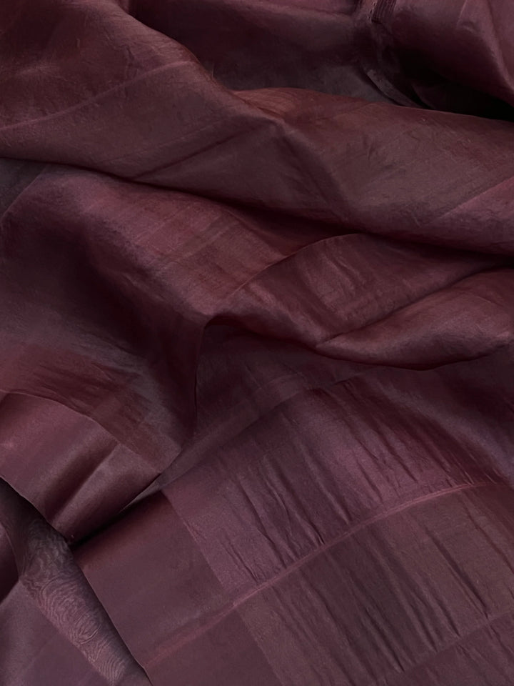 Brown Pure Kora Silk Banarasi Saree with Zari Pallu - Aura Benaras