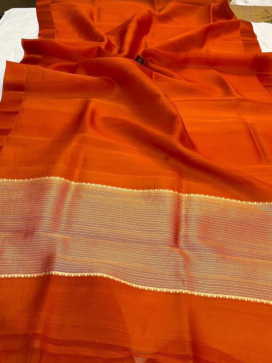 Orange Pure Kora Silk Banarasi Saree with Zari Pallu - Aura Benaras