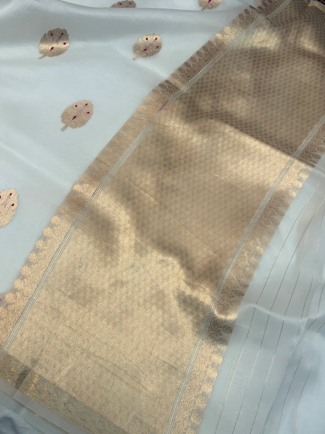White Pure Kora Silk Handloom Banarasi Saree