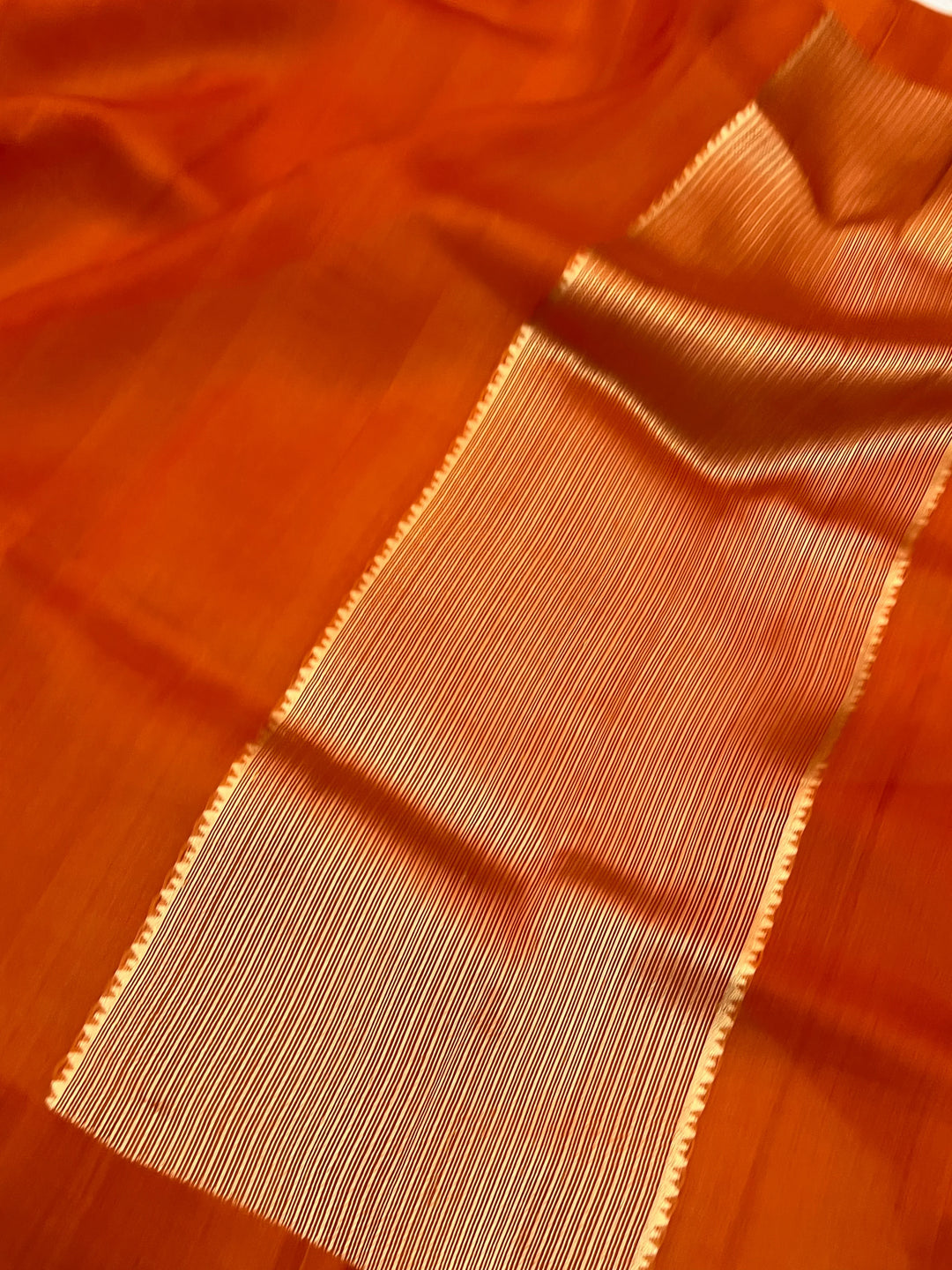 Orange Pure Kora Silk Banarasi Saree with Zari Pallu - Aura Benaras
