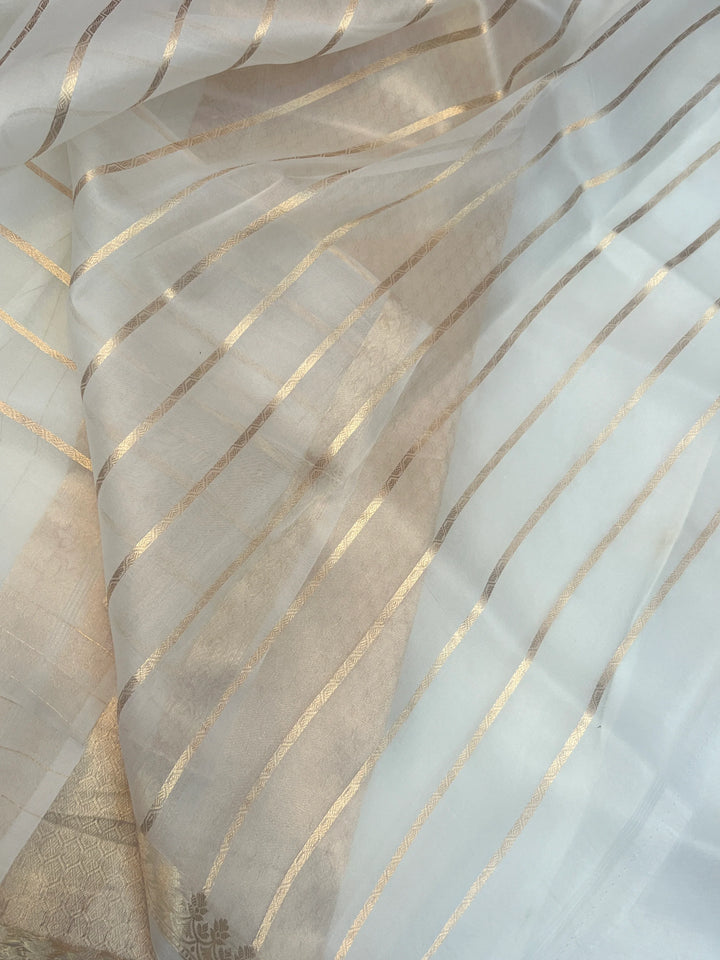 White Pure Kora Silk Handloom Banarasi Saree