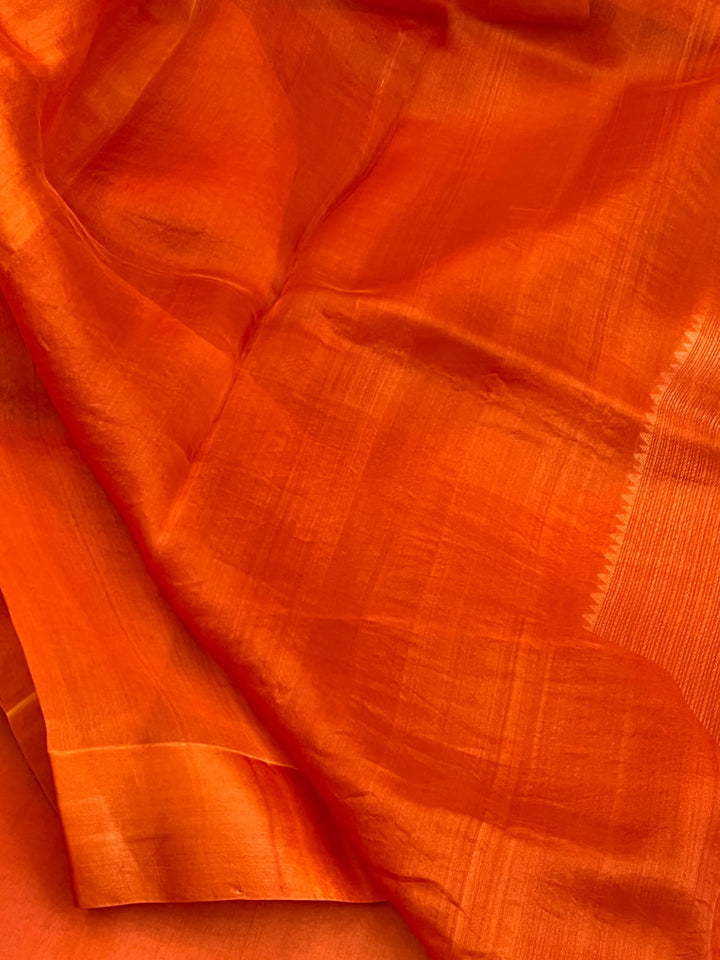 Orange Pure Kora Silk Banarasi Saree with Zari Pallu - Aura Benaras