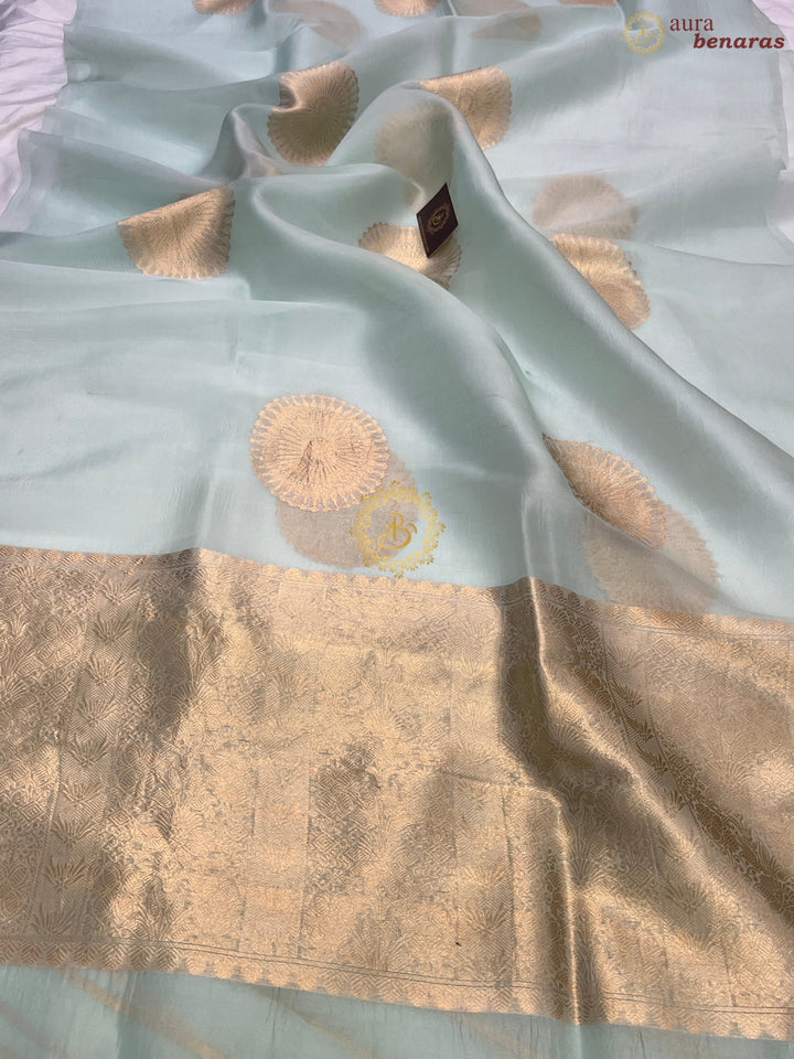 Pale Mint Green Banarasi Handloom Kora Silk Saree