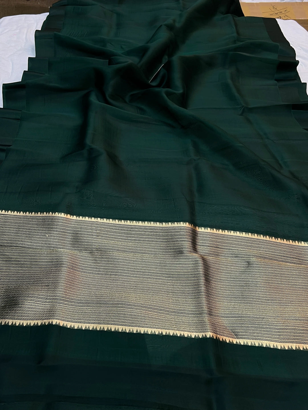 Bottle Green Pure Kora Silk Banarasi Saree with Zari Pallu - Aura Benaras