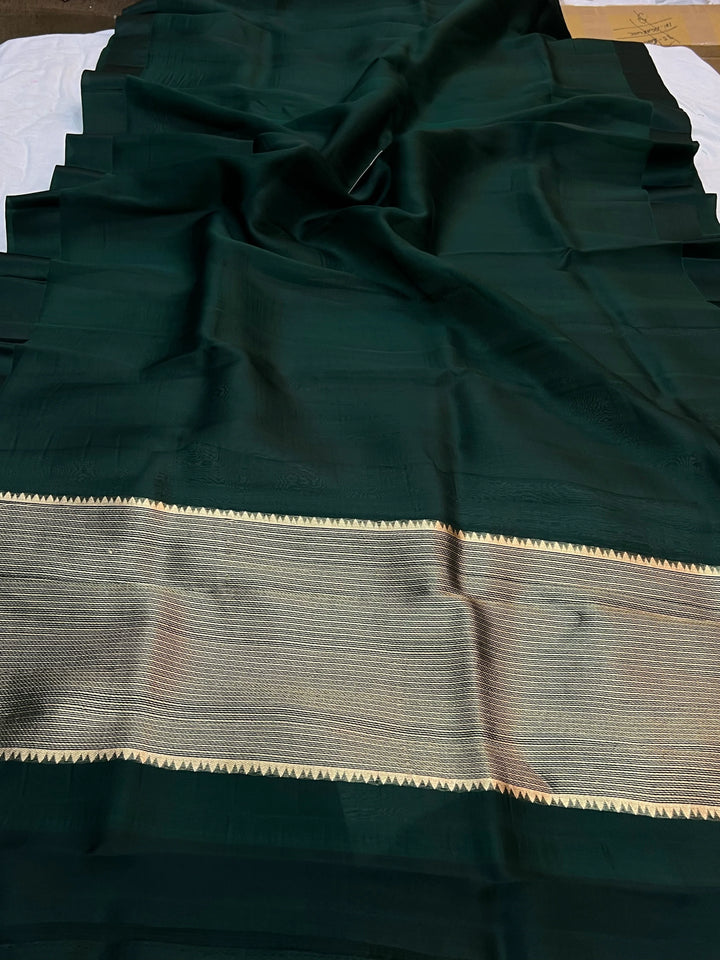 Bottle Green Pure Kora Silk Banarasi Saree with Zari Pallu - Aura Benaras