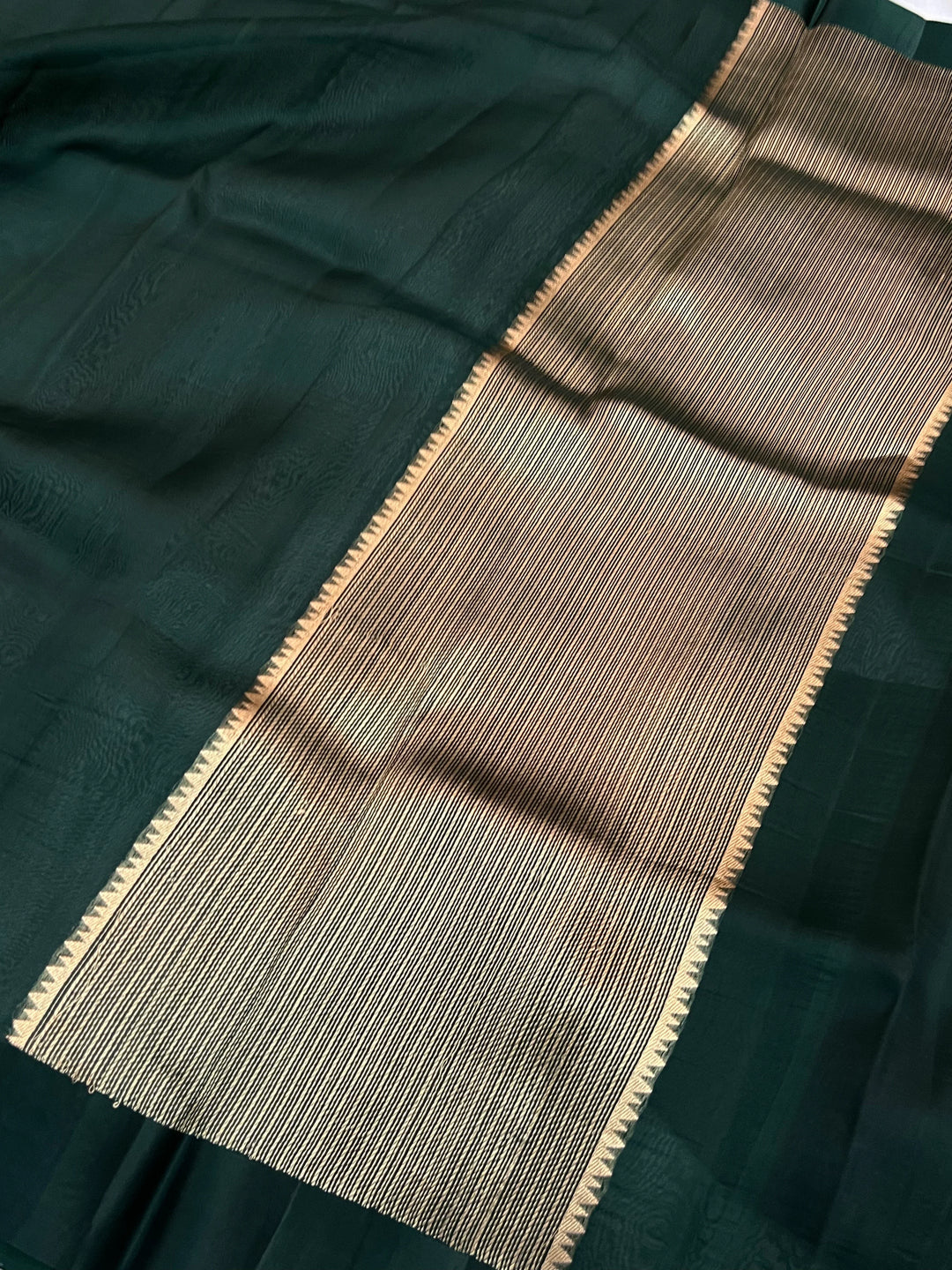 Bottle Green Pure Kora Silk Banarasi Saree with Zari Pallu - Aura Benaras