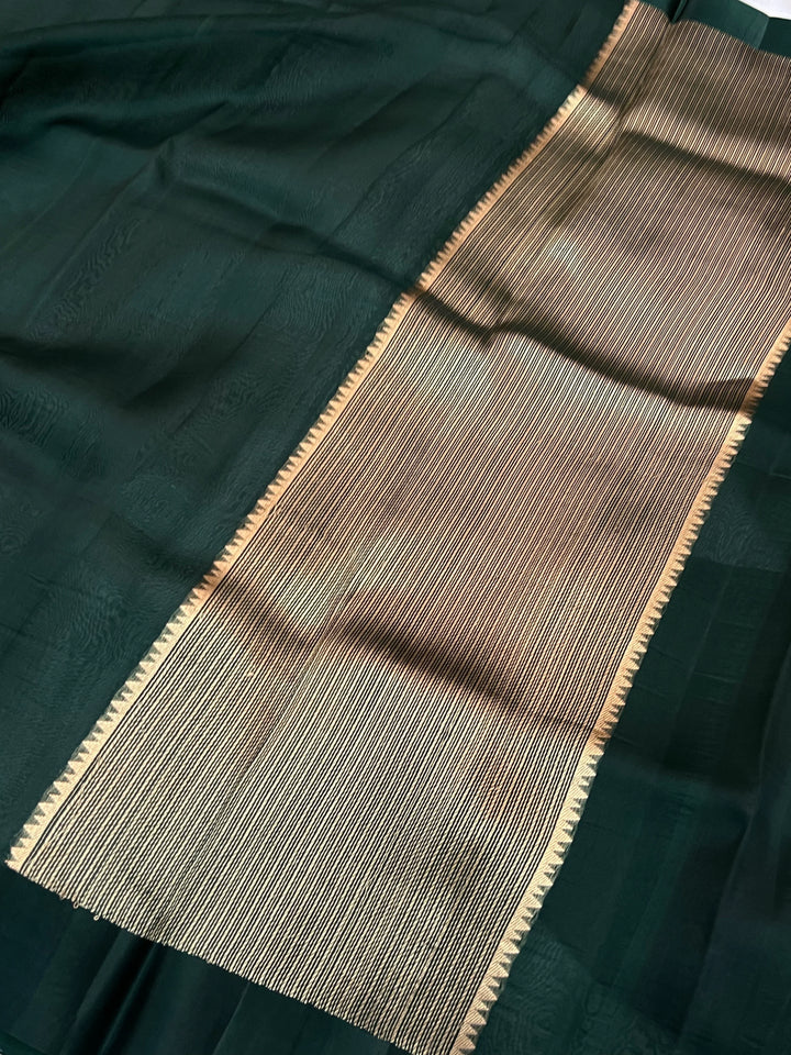 Bottle Green Pure Kora Silk Banarasi Saree with Zari Pallu - Aura Benaras