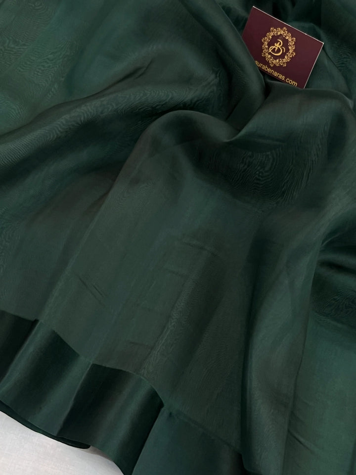 Bottle Green Pure Kora Silk Banarasi Saree with Zari Pallu - Aura Benaras