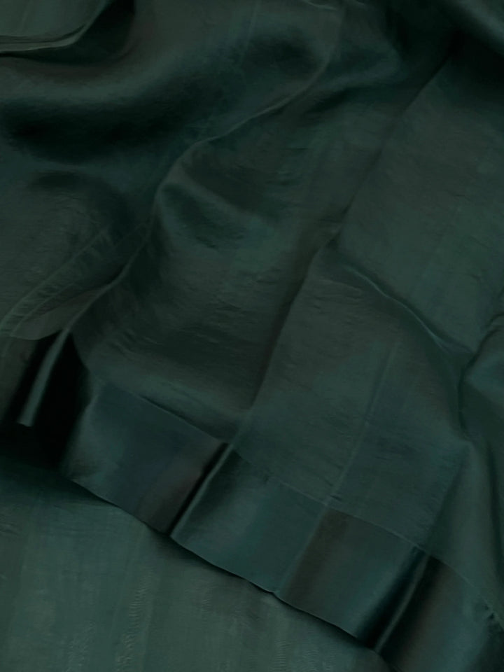 Bottle Green Pure Kora Silk Banarasi Saree with Zari Pallu - Aura Benaras