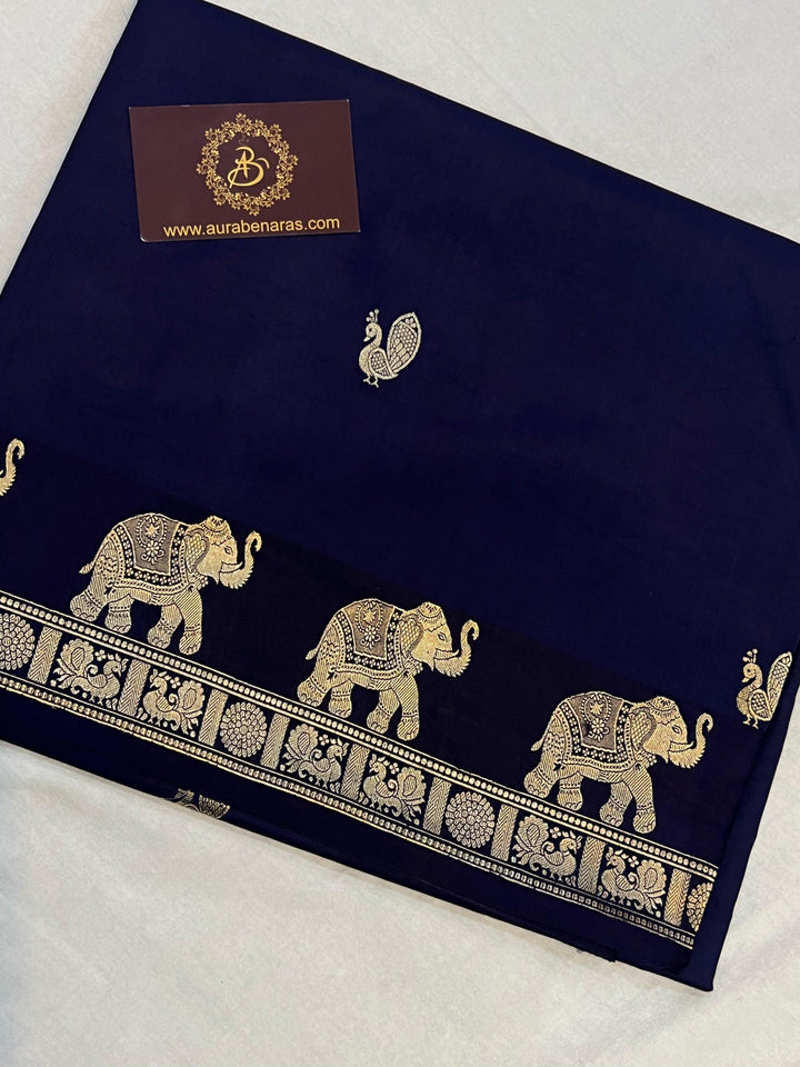 Navy Blue Pure Banarasi Handloom Katan Silk Saree - Aura Benaras