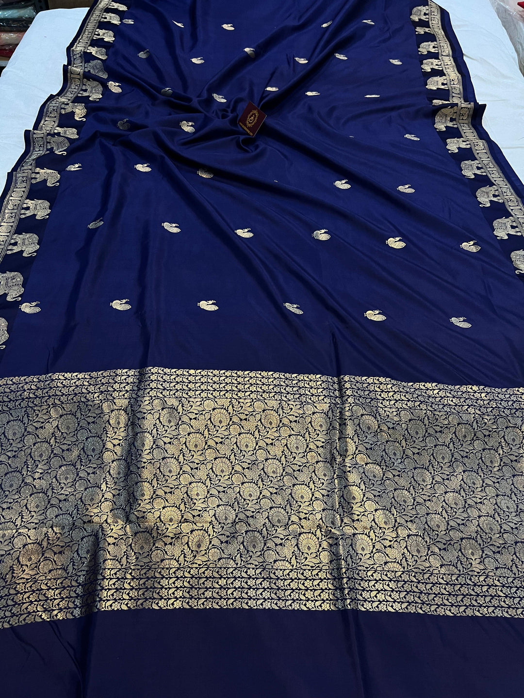 Navy Blue Pure Banarasi Handloom Katan Silk Saree - Aura Benaras