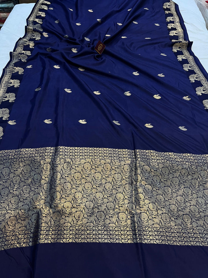 Navy Blue Pure Banarasi Handloom Katan Silk Saree - Aura Benaras