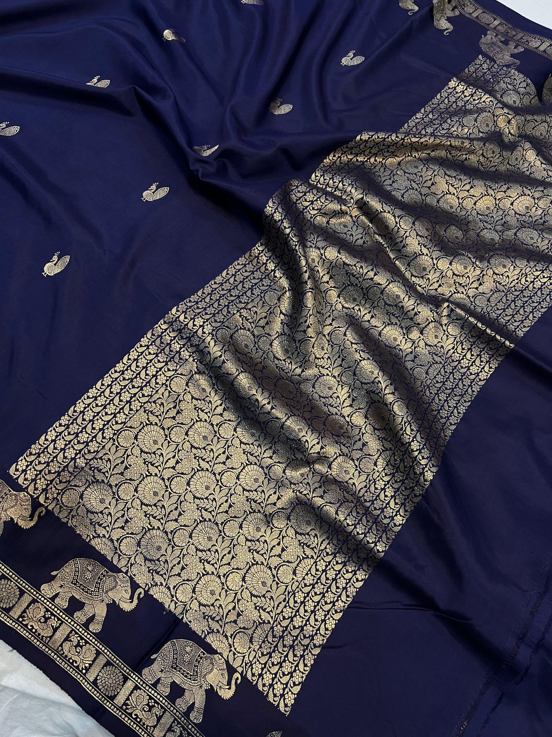 Navy Blue Pure Banarasi Handloom Katan Silk Saree - Aura Benaras