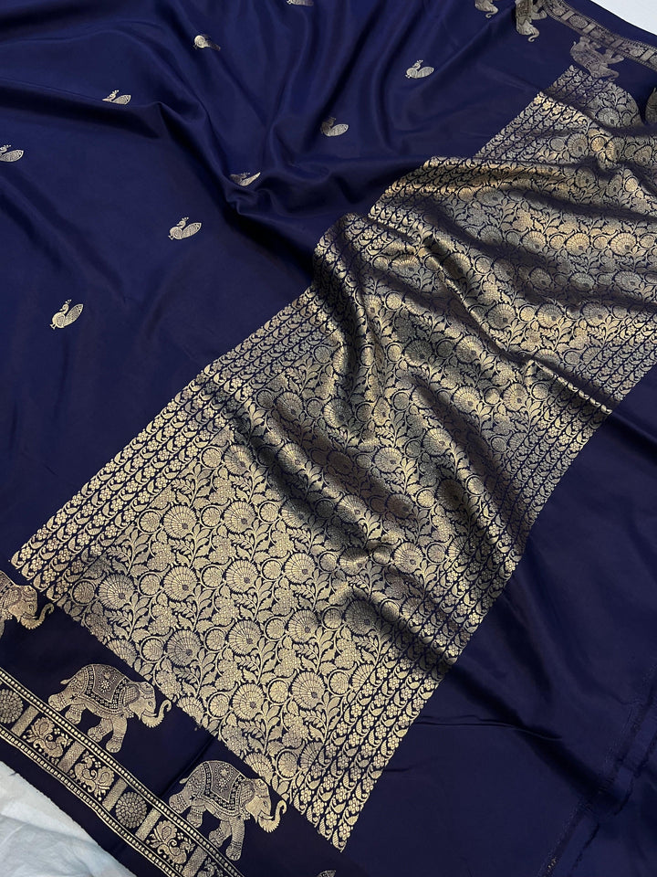 Navy Blue Pure Banarasi Handloom Katan Silk Saree - Aura Benaras