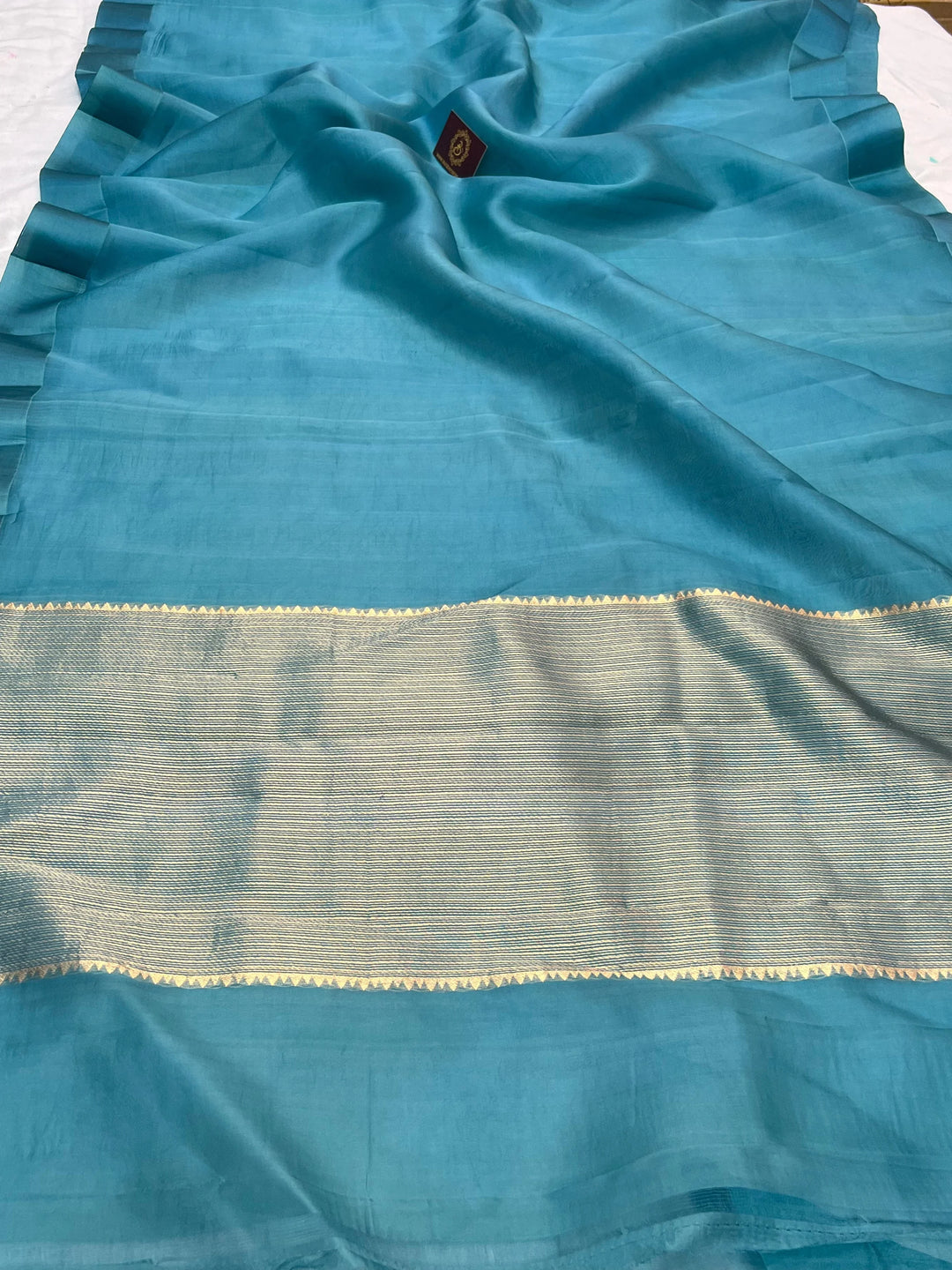 Rama Green Pure Kora Silk Banarasi Saree with Zari Pallu - Aura Benaras