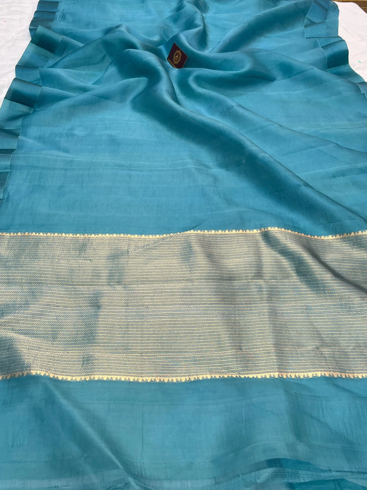 Rama Green Pure Kora Silk Banarasi Saree with Zari Pallu - Aura Benaras