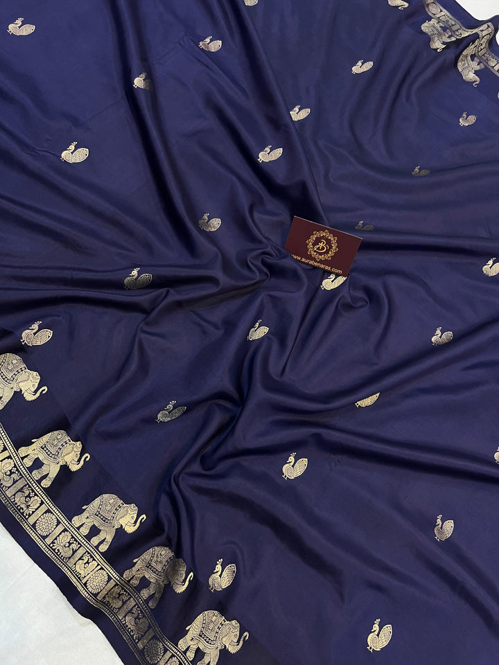 Navy Blue Pure Banarasi Handloom Katan Silk Saree - Aura Benaras