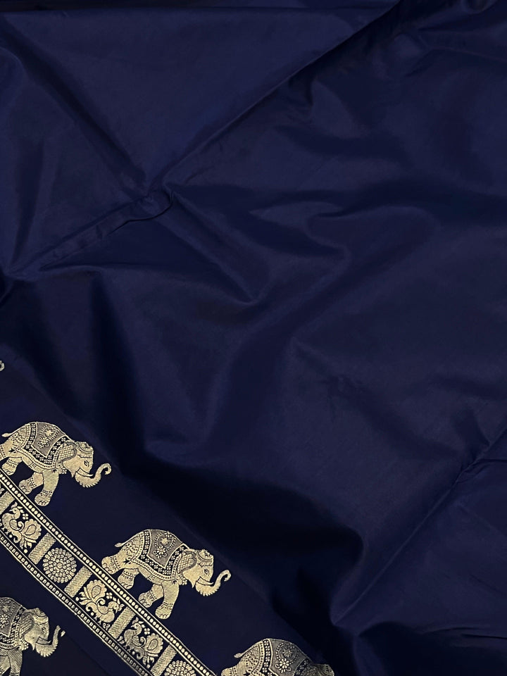 Navy Blue Pure Banarasi Handloom Katan Silk Saree - Aura Benaras