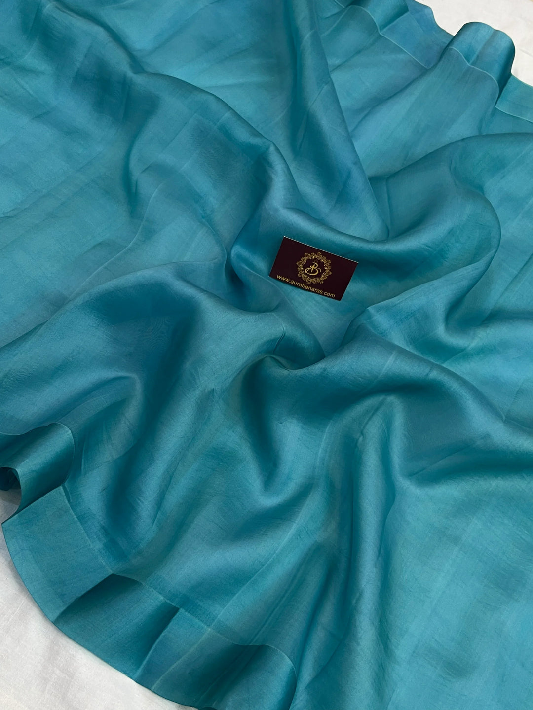 Rama Green Pure Kora Silk Banarasi Saree with Zari Pallu - Aura Benaras