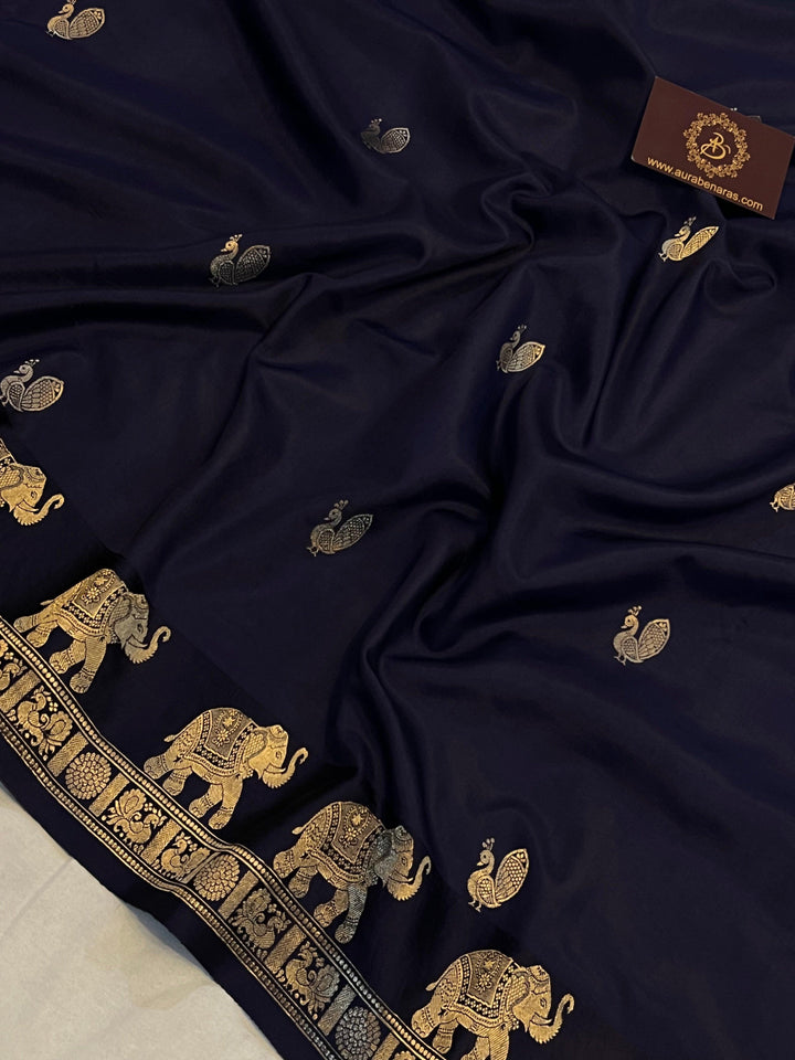Navy Blue Pure Banarasi Handloom Katan Silk Saree - Aura Benaras