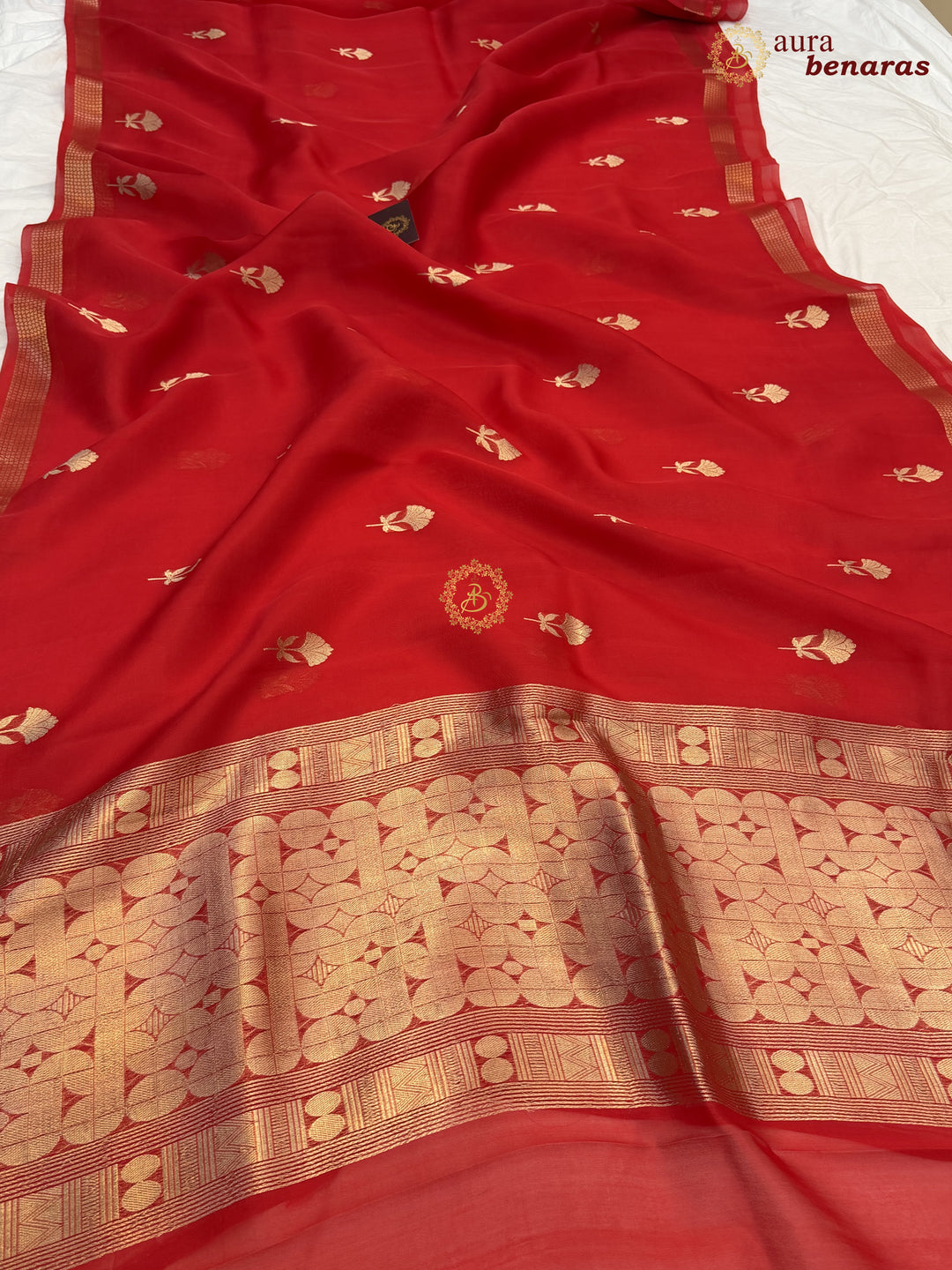 Red Kora Silk Handloom Banarasi Saree | Kadhwa Butis 