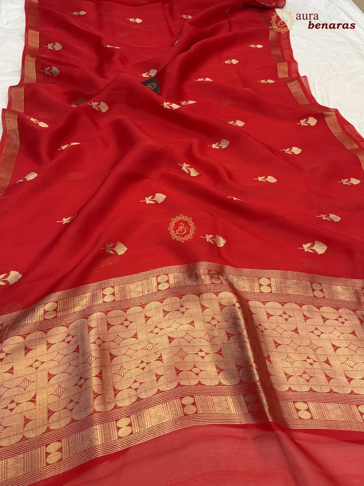 Red Kora Silk Handloom Banarasi Saree | Kadhwa Butis 