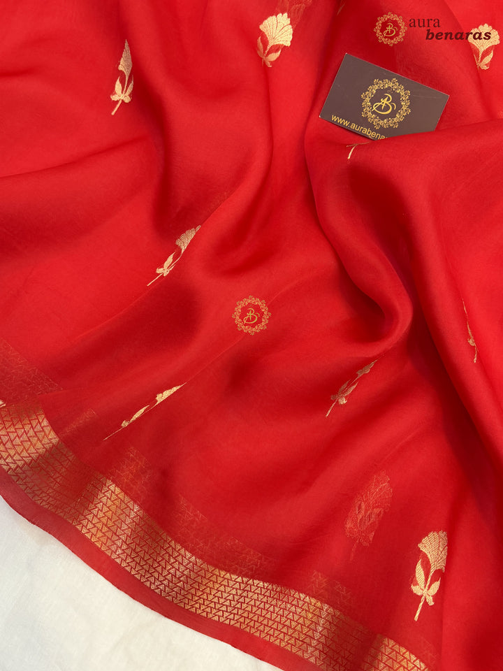 Red Kora Silk Handloom Banarasi Saree | Kadhwa Butis 