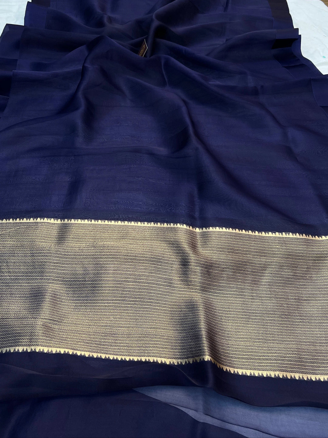 Navy Blue Pure Kora Silk Banarasi Saree with Zari Pallu - Aura Benaras