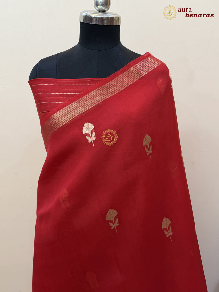 Red Kora Silk Handloom Banarasi Saree | Kadhwa Butis 