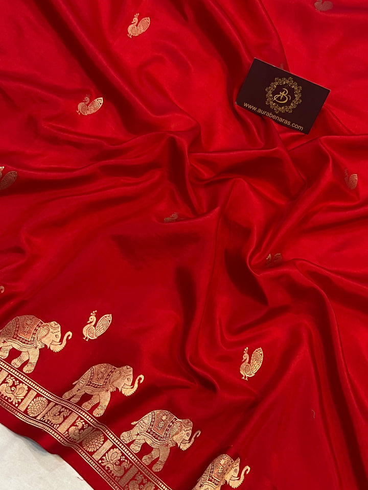 Red Pure Banarasi Handloom Katan Silk Saree - Aura Benaras
