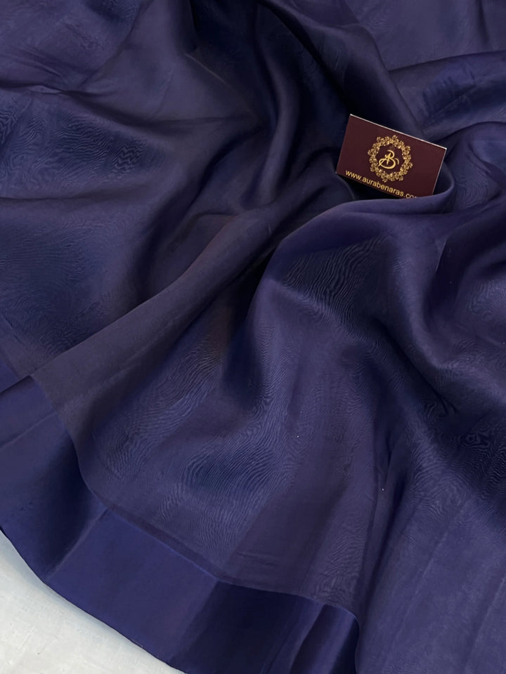 Navy Blue Pure Kora Silk Banarasi Saree with Zari Pallu - Aura Benaras
