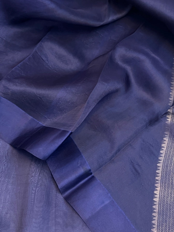 Navy Blue Pure Kora Silk Banarasi Saree with Zari Pallu - Aura Benaras