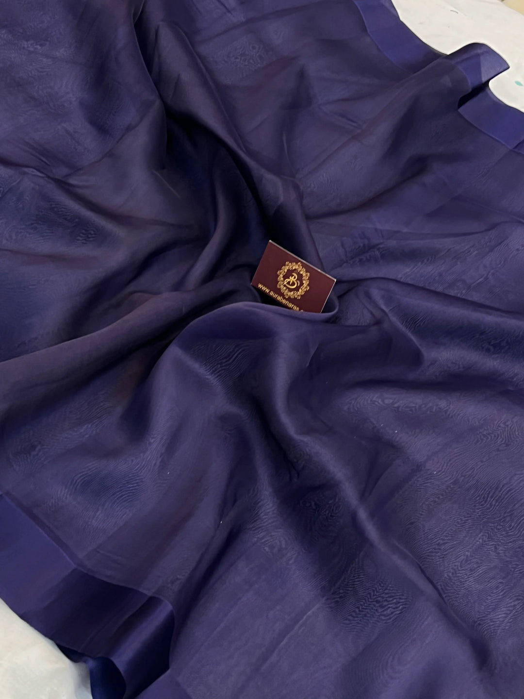 Navy Blue Pure Kora Silk Banarasi Saree with Zari Pallu - Aura Benaras