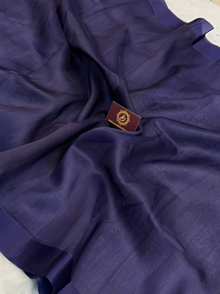 Navy Blue Pure Kora Silk Banarasi Saree with Zari Pallu - Aura Benaras