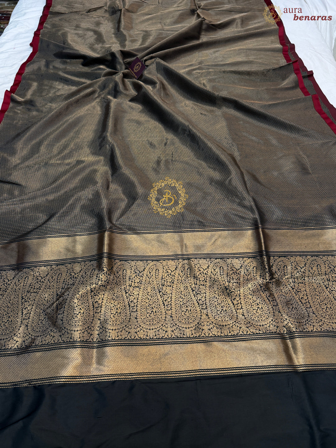 Black Pure Katan Silk Banarasi Handloom Saree with Stripes