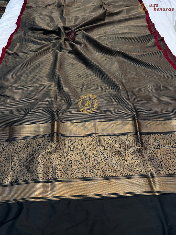 Black Pure Katan Silk Banarasi Handloom Saree with Stripes