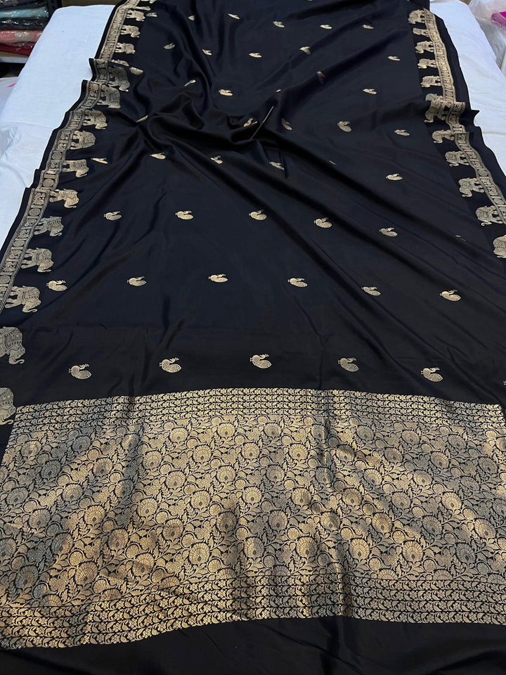 Black Pure Banarasi Handloom Katan Silk Saree - Aura Benaras