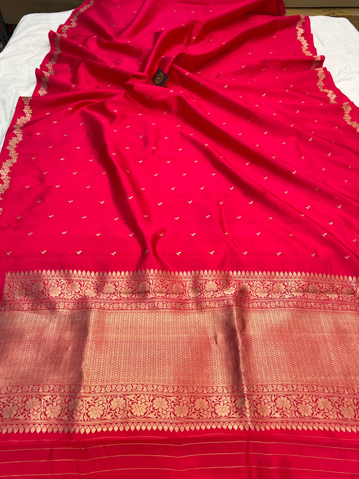 Orangish Pink Banarasi Silk Saree | Kadhwa & Designer Border