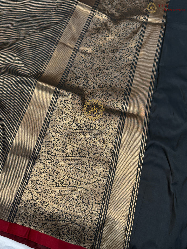 Black Pure Katan Silk Banarasi Handloom Saree with Stripes