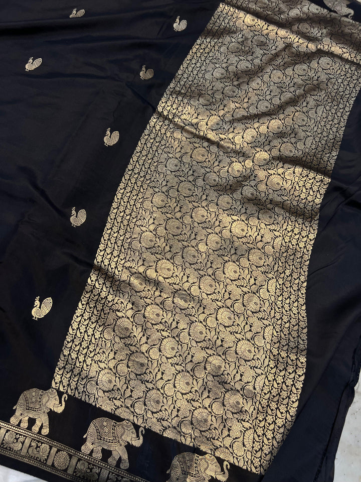 Black Pure Banarasi Handloom Katan Silk Saree - Aura Benaras