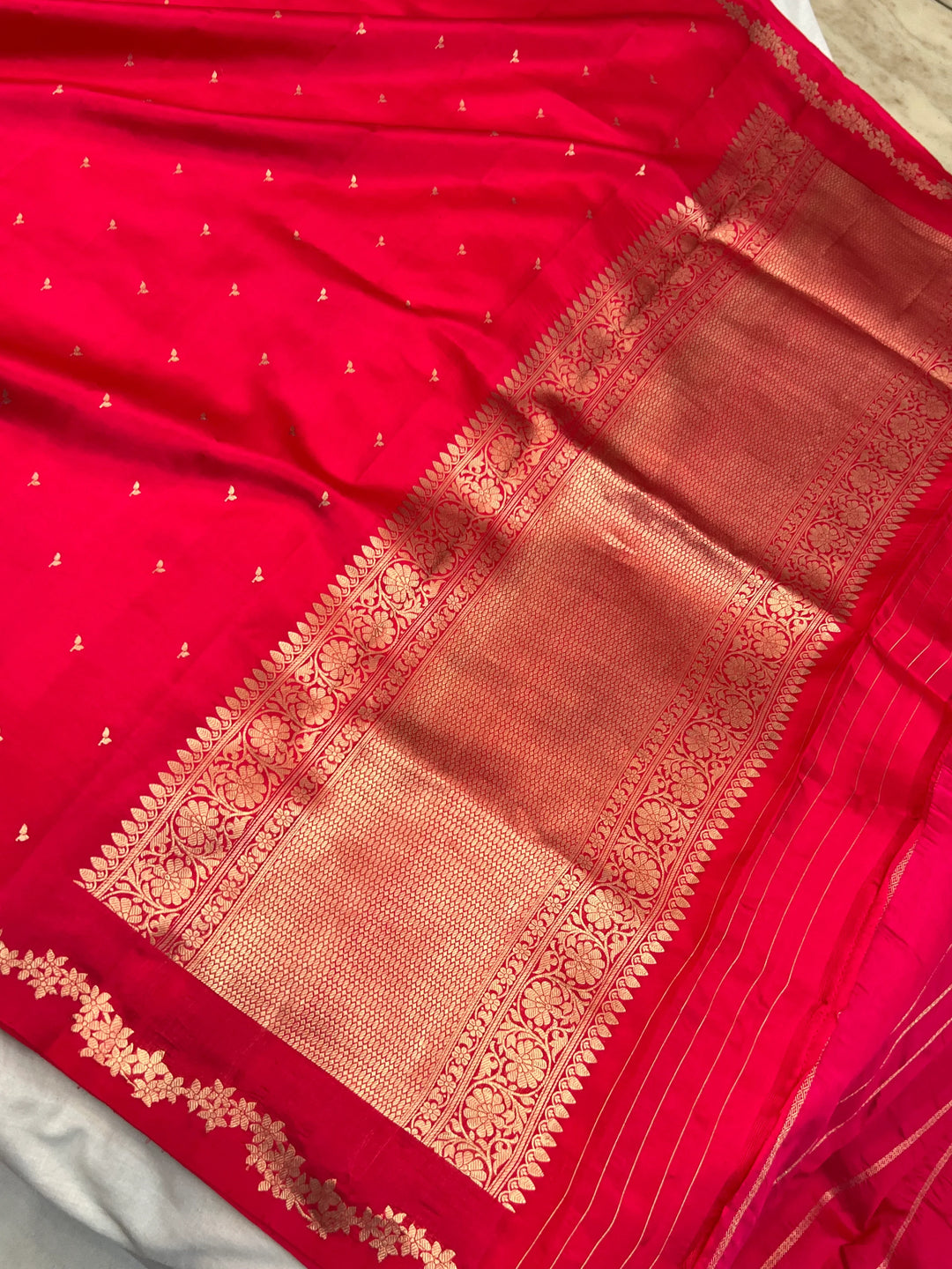 Orangish Pink Pure Silk Handloom Banarasi Saree