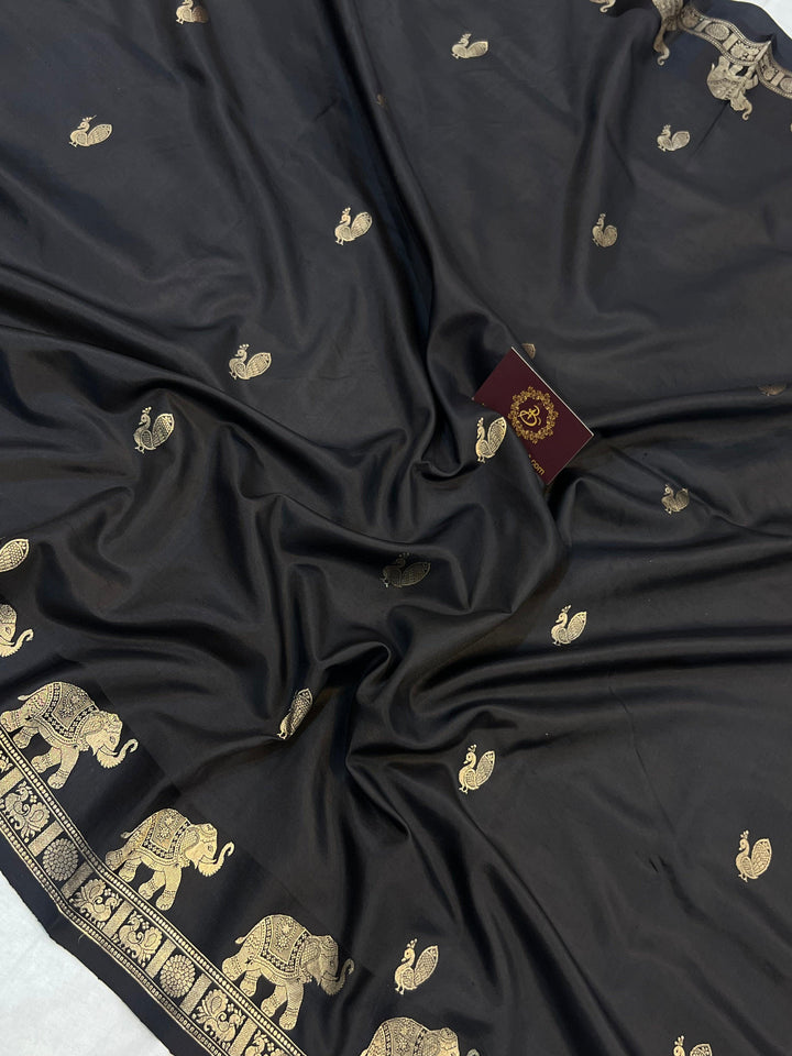 Black Pure Banarasi Handloom Katan Silk Saree - Aura Benaras