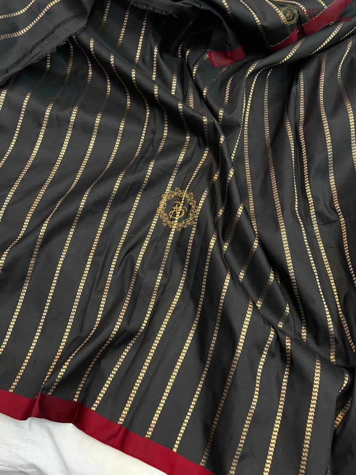 Black Pure Katan Silk Banarasi Handloom Saree with Stripes