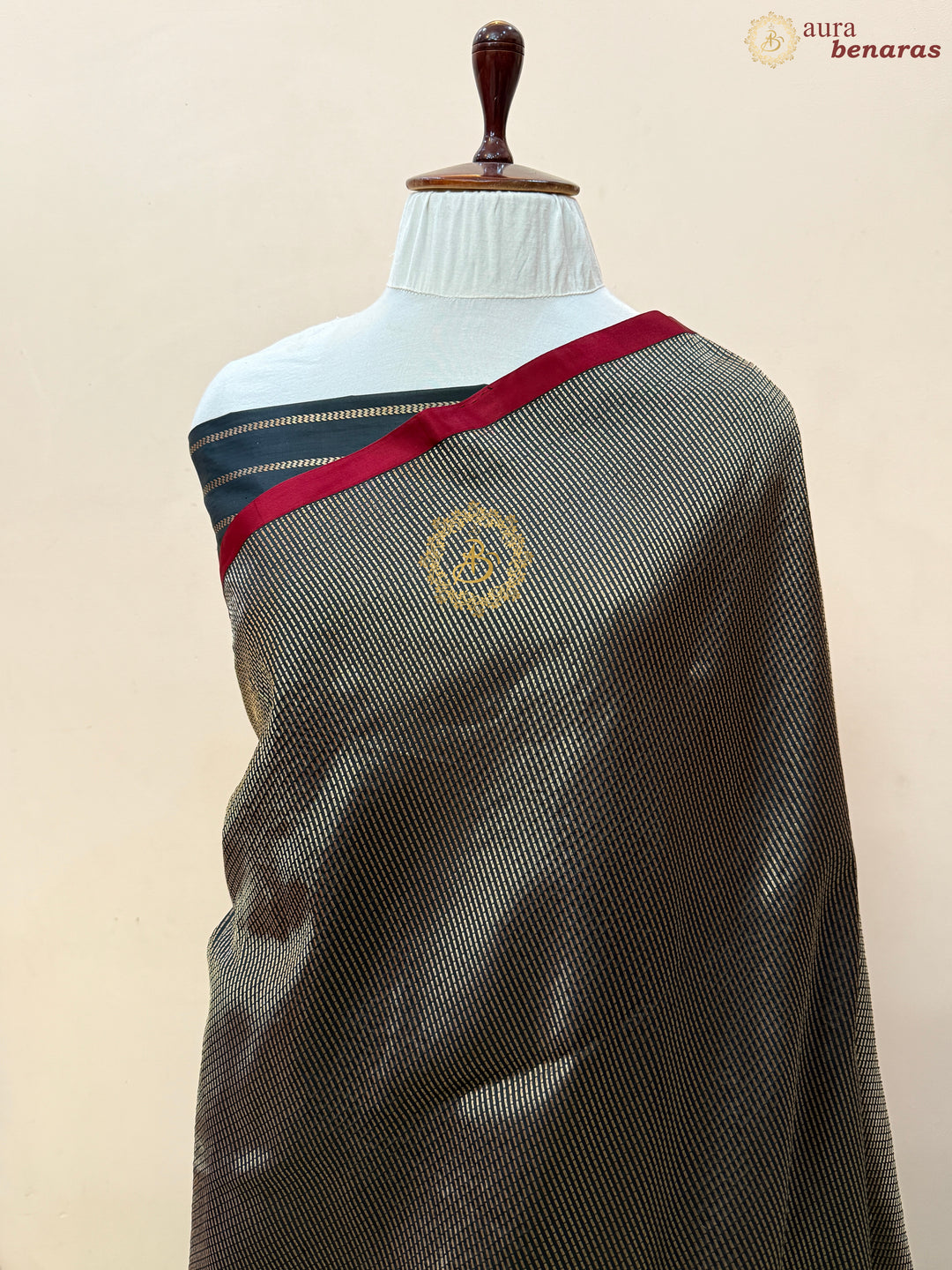Black Pure Katan Silk Banarasi Handloom Saree with Stripes