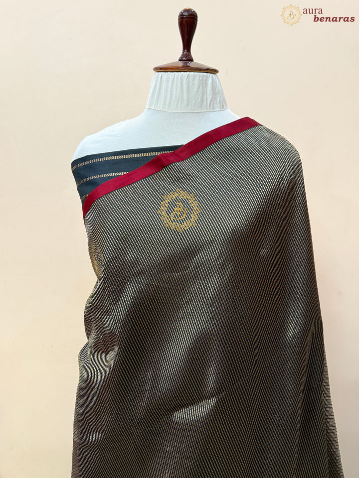 Black Pure Katan Silk Banarasi Handloom Saree with Stripes